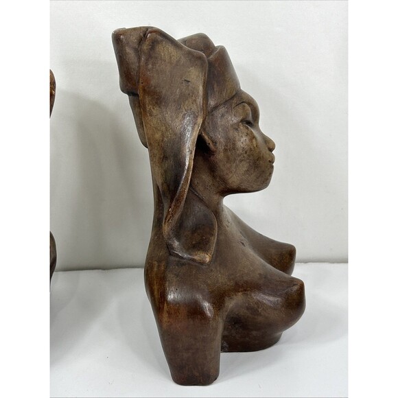 Pair Hand Carved African Tribal Wood Bust Man Woman Sculpture Folk Art Smooth - Picture 3 of 10